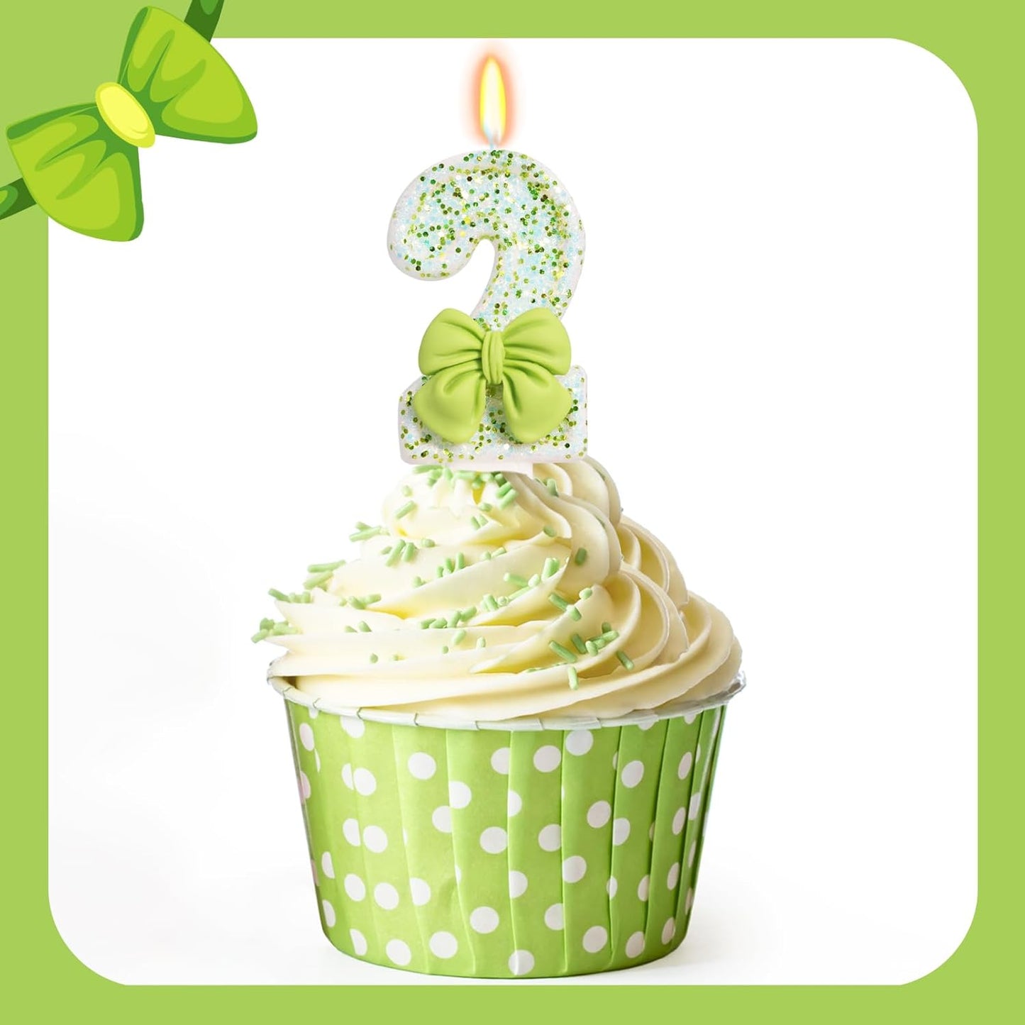 Birthday Candle for Cake, Green Bow Number Cake Candles, 2.76 inch Cake Topper Decoration for Birthday Party (Number 2)
