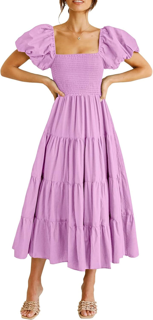 PRETTYGARDEN Women's Casual Summer Midi Dress Puffy Short Sleeve Square Neck Smocked Tiered Ruffle Dresses