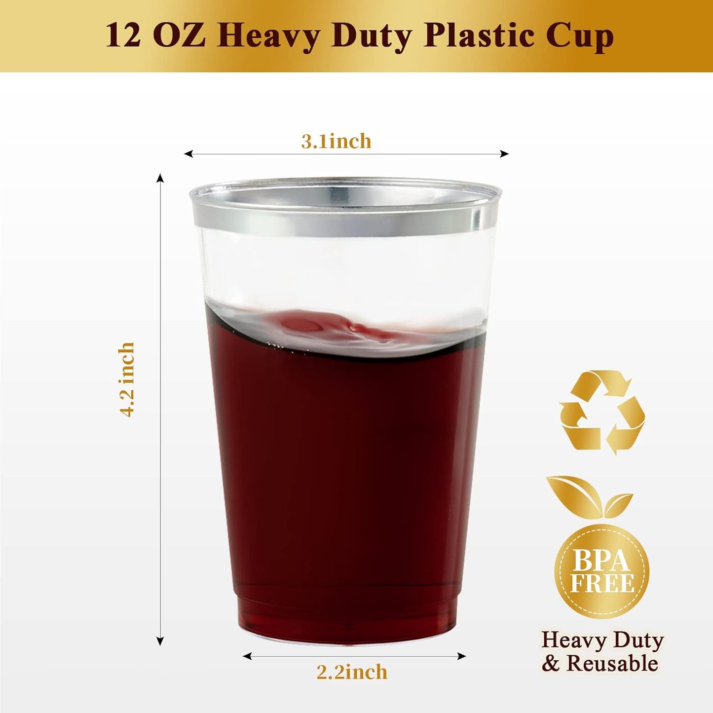 Vplus 150 Pack 12 OZ Reusable Silver Rimmed Clear Plastic Cups, Disposable Heavy Duty Plastic Cups for Party, Christmas, Wedding, Thanksgiving, Halloween