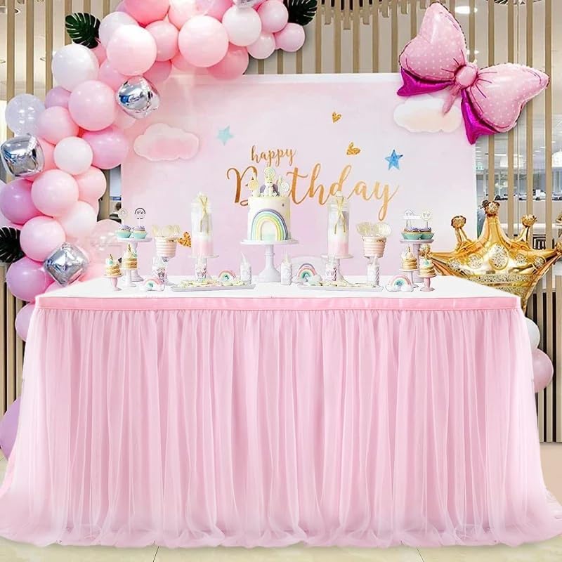 9FT Pink Tulle Table Skirts for Rectangle or Round Tables Tulle Tablecloth Princess Birthday Party TableSkirt 108X30.3'' 2 Layer Tutu Table Cloth for Girl Baby Shower Wedding Party Decorations