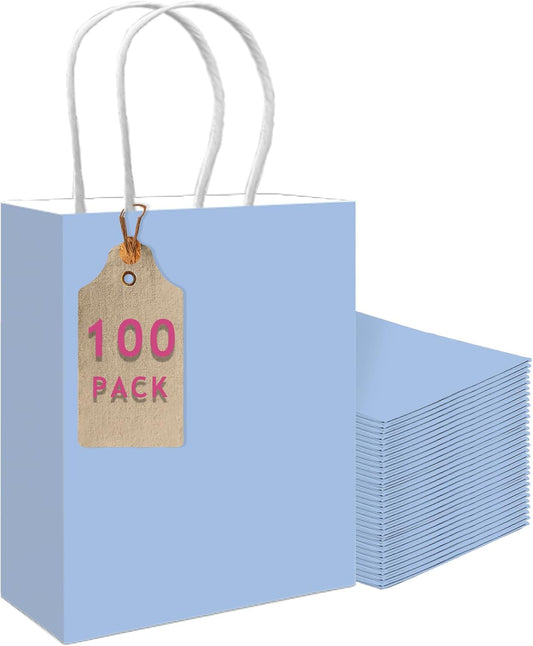 qiqee 100PCS Gift Bag with Handles Bulk Light Blue Paper Bags Multiple Uses (11"x5"x8"inch Medium Size)