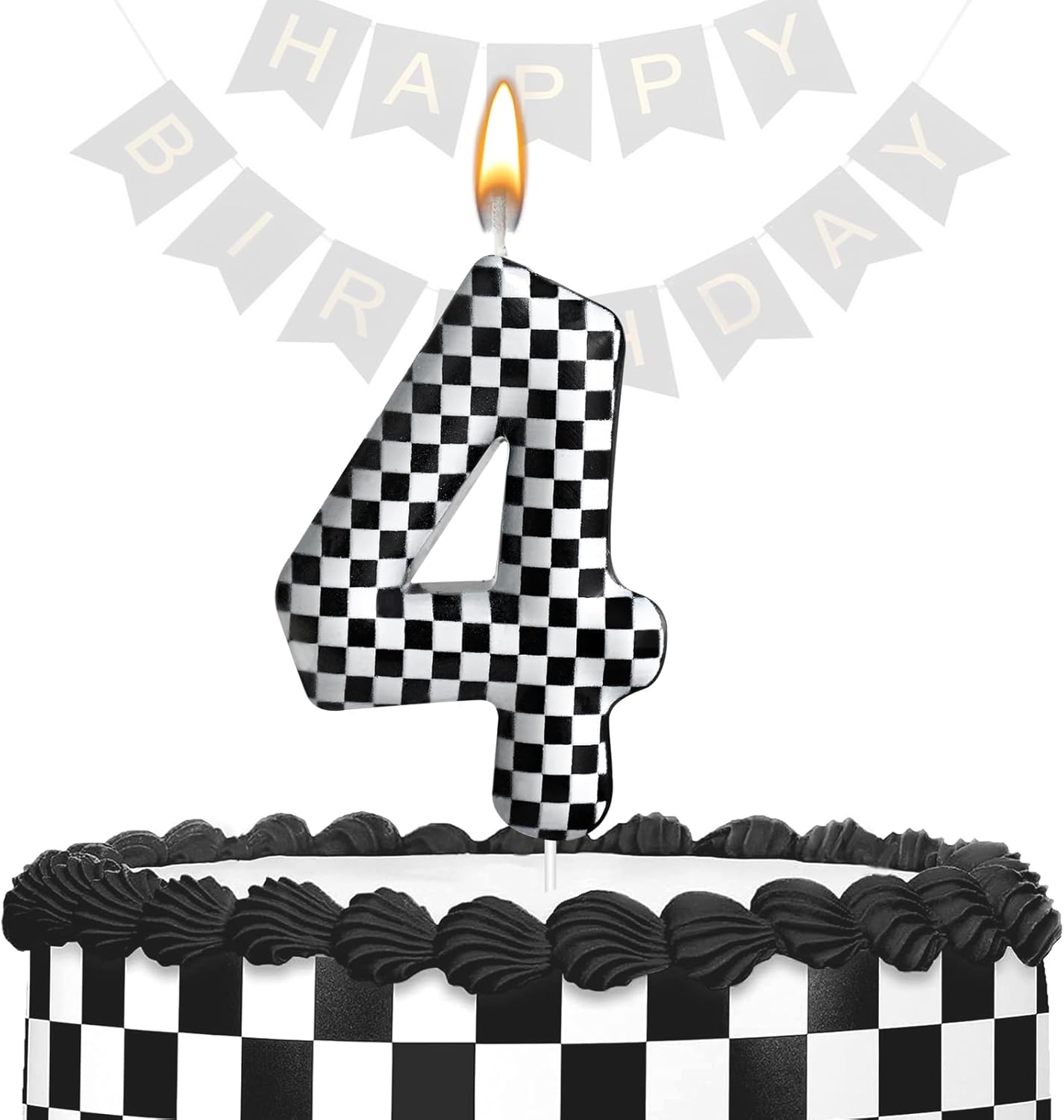Racing Cars Themed Birthday Candle Number 4 Checkered Candle Birthday Party Decoration Cake Topper for Racing Car Party Decoration Theme Party Supplies (Number 4)