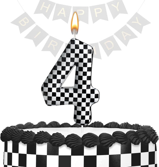 Racing Cars Themed Birthday Candle Number 4 Checkered Candle Birthday Party Decoration Cake Topper for Racing Car Party Decoration Theme Party Supplies (Number 4)