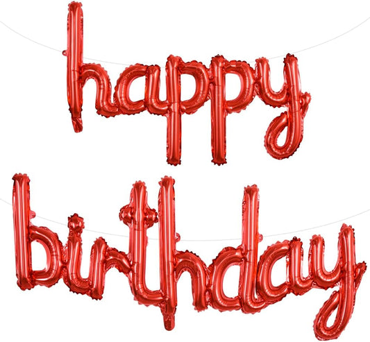 TONIFUL Red Happy Birthday Balloons Banner, 16 Inch Mylar Foil Script/Cursive Letters Birthday Sign Banner Balloon Reusable Material for Girls Boys Kids & Adults Birthday Decorations