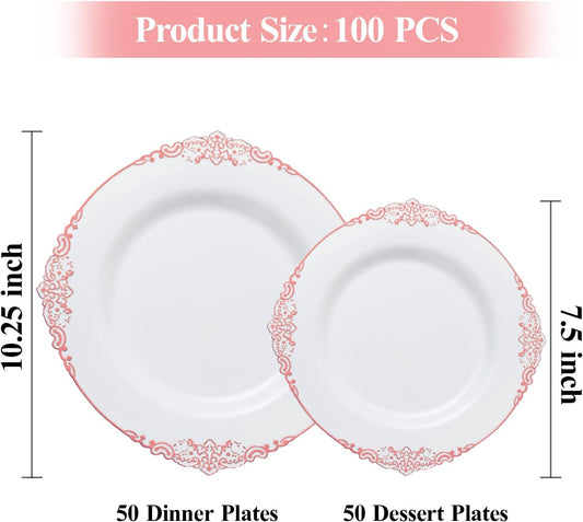100 PCS White and Rose Gold Plastic Plates for 50 Guests, Rose Gold Disposable Plates Include 50 PCS Dinner Plates, 50 PCS Dessert Plates for Party, Wedding and Baby Shower