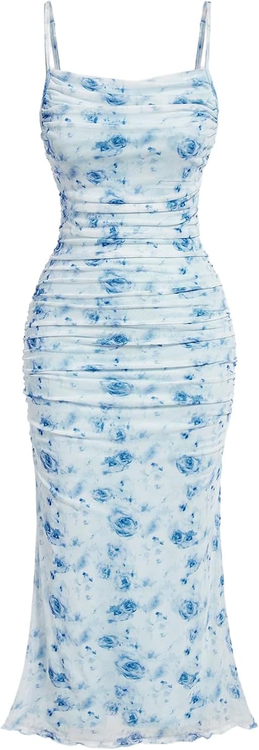 GORGLITTER Women's Floral Ruched Bodycon Midi Dress Mesh Sleeveless Fishtail Cami Dresses