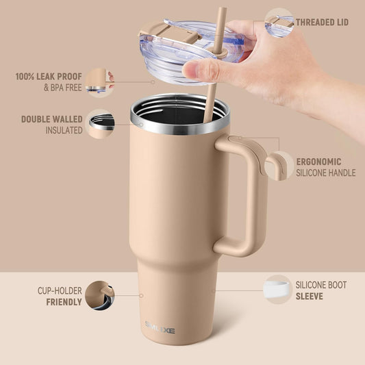 SMLIXE 40oz Insulated Tumbler with Handle & Straw Lid | Cupholder Friendly Travel Mug (Mocha)