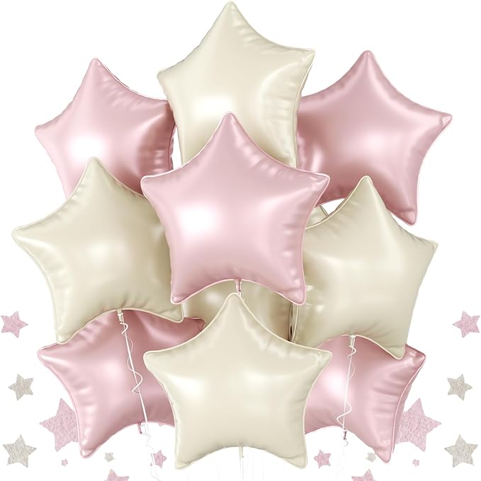 Biapian Baby Pink Star Foil Balloons, 10PCS Light Pink Cream White Foil Stars Shape Balloon, 18 Inch Stars Balloons for Helium Pentagram Balloon for Girls Birthday, Baby Shower Party Decoration