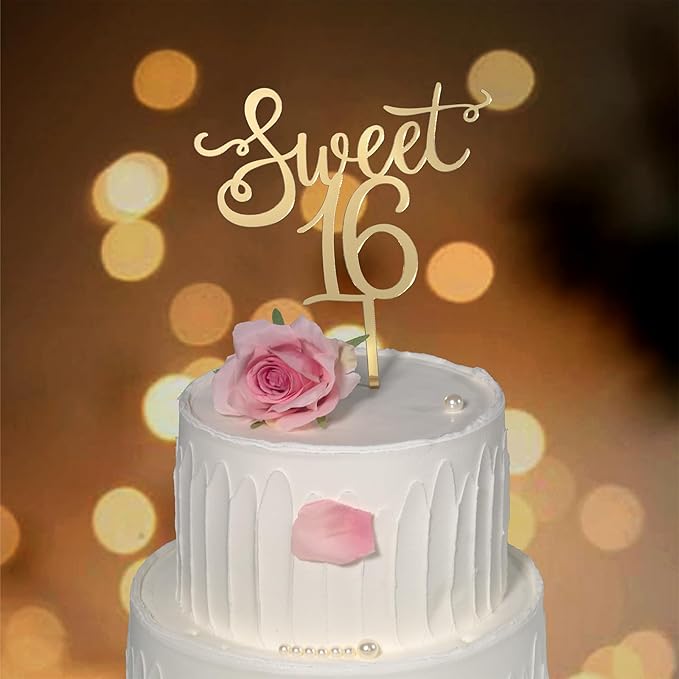 Shiny Acrylic Happy Sweet 16 Birthday Cake Topper, 7.5" x 6", Cheer to 16th Birthday Party Cake Decoration (Gold)