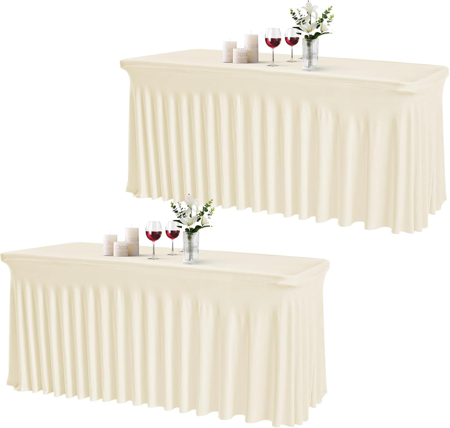 JCJ Table Skirt for Rectangle Tables Set of 2 Spandex Fitted Ivory Tablecloths for 6FT Tables, Wrinkle Resistant Ruffles Elastic Table Cover Skirts for Teacher Desk Weddings Banquets Parties