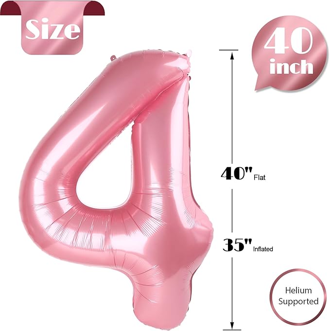 Pearlescent Pink 4 Balloon, Number Balloons 40 Inch, 4th Birthday Decorations for Girls Four Large Numbers for Party Decor, Number 4 Balloon
