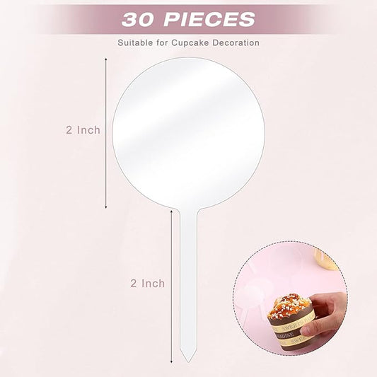Chunful 30 Pack 2 Inch Circle Acrylic Custom Cupcake Topper, DIY Clear Blank Cake Personalized Cupcake Topper with Sticks for Birthday Party, Graduation, Wedding, Mother's, Baby Shower Cake Decoration