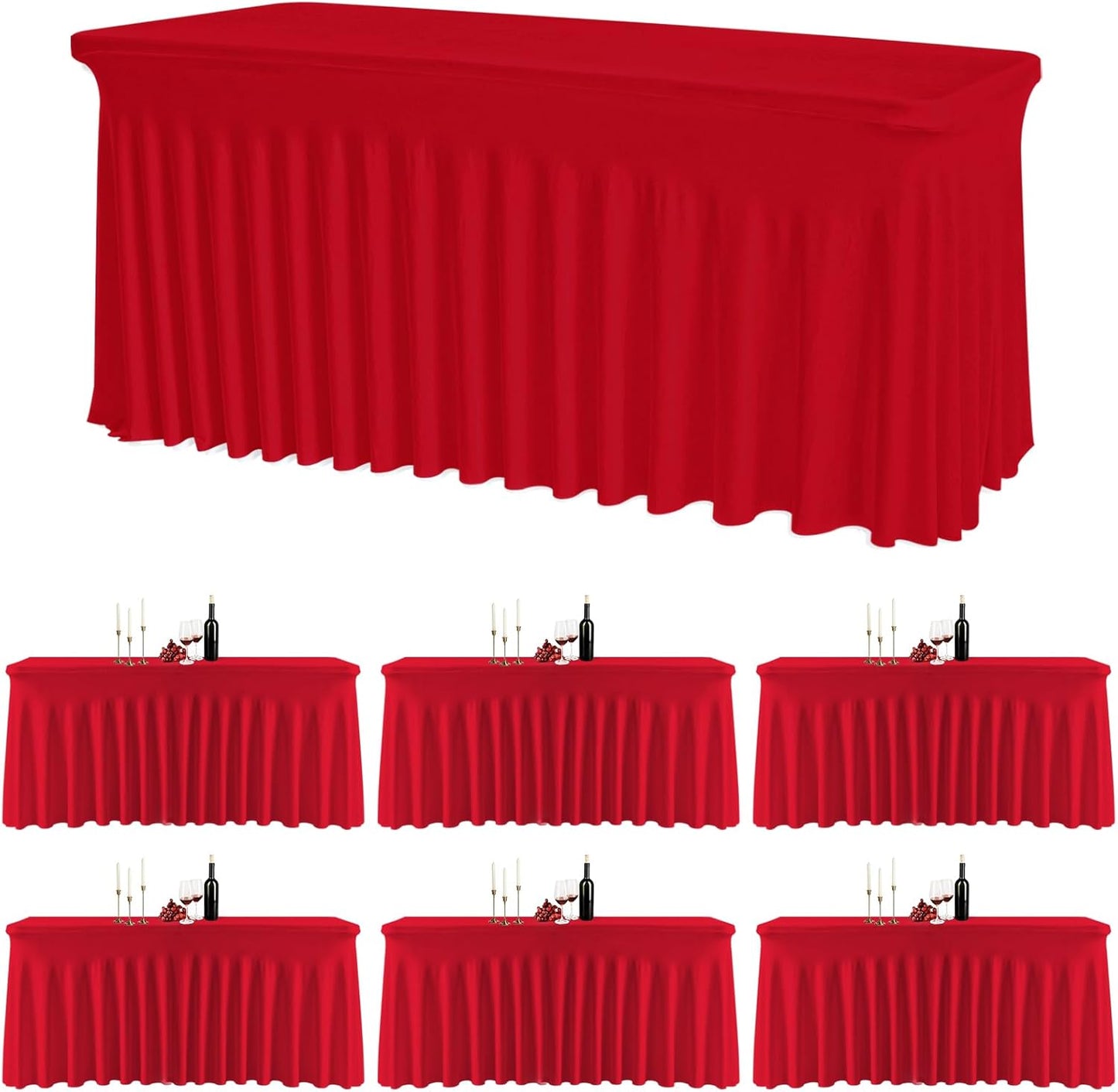 6 Pack Red Rectangle Tablecloth with Elastic Table Skirt – 6FT Fitted Spandex Table Cover, 72 Inch Wrinkle-Resistant & Stretchable for Wedding, Banquet, Party, Buffet, Restaurant