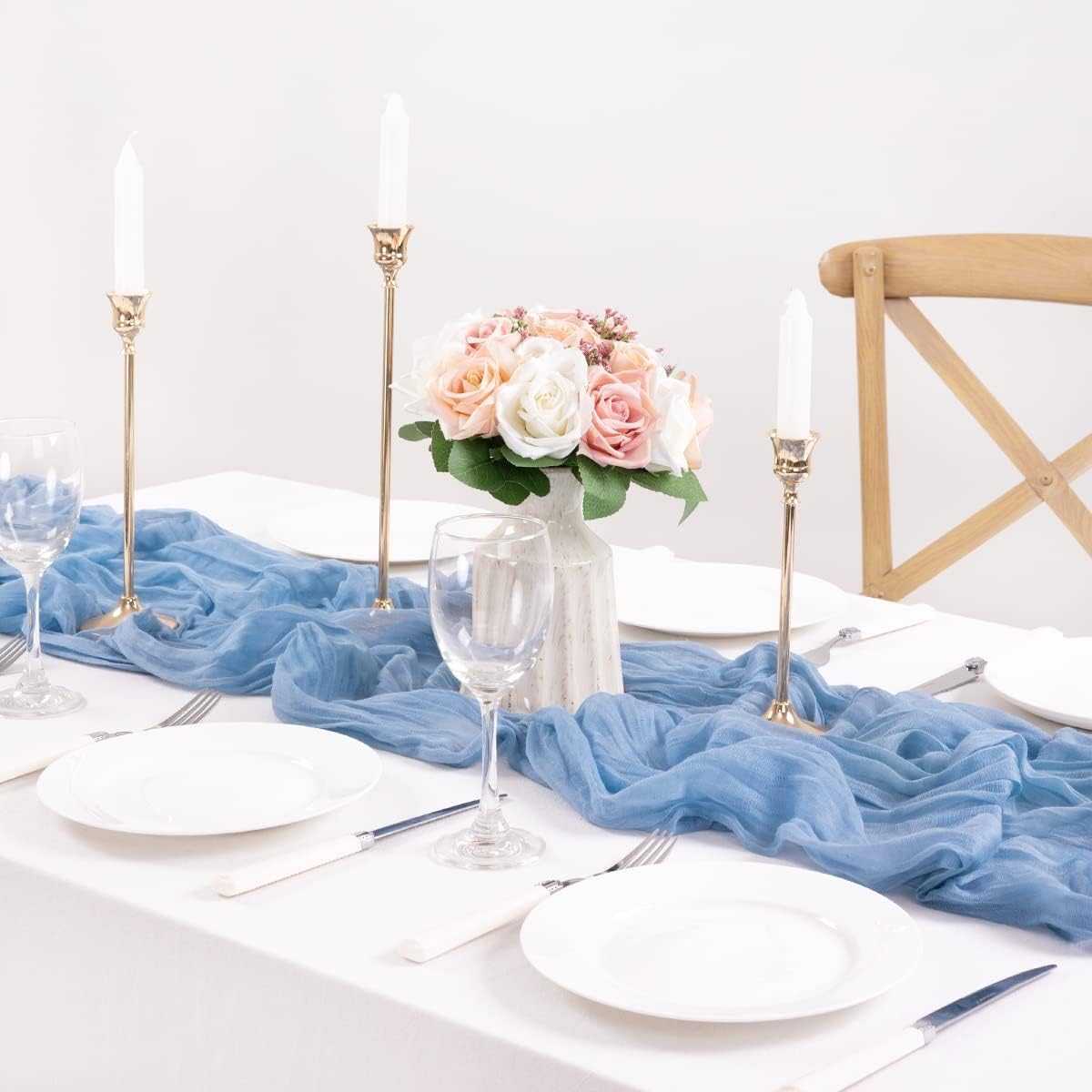 MLMC 3 Pack Dusty Blue Table Runner 10ft Boho Gauze Cheesecloth Table Runner Bulk 35x120 Inches Rustic Cheese Cloth Fall Decor for Wedding Bridal Shower Baby Shower Party Decor