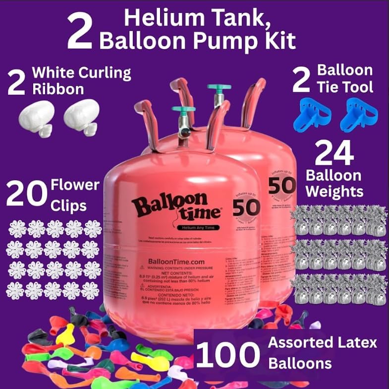 Helium Tank for Balloons At Home 14.9 Cu Ft Helium Tank, 50 Balloons and White Ribbon, 12 Silver Balloon Weights, Balloon Tie Tool and Flower Clips (Pack of 2)