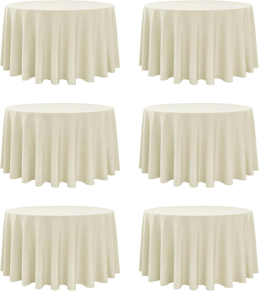 6-Pack Ivory Round Tablecloths, 120 Inches, Stain-Resistant Polyester for 5-6 Ft Round Tables - Washable Table Covers for Weddings, Banquets, Birthday Parties, Events