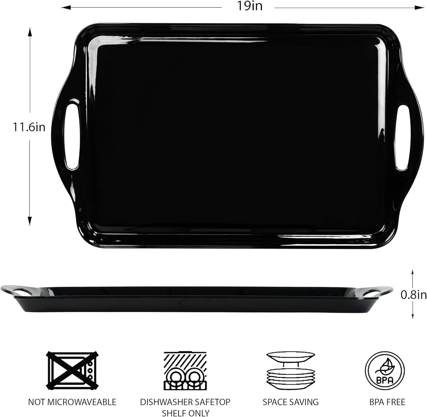 Extra Large Black Serving Tray with Handles, 19''x11.6'' Halloween Melamine Platters, Rectangular Trays for Serving Food, Turkey, Cookie, Cupcakes, Desserts, Dishwasher Safe, BPA-Free, Set of 2