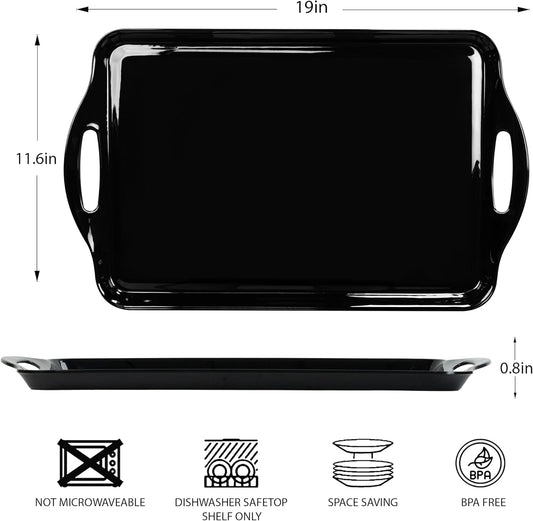Extra Large Black Serving Tray with Handles, 19''x11.6'' Halloween Melamine Platters, Rectangular Trays for Serving Food, Turkey, Cookie, Cupcakes, Desserts, Dishwasher Safe, BPA-Free, Set of 2