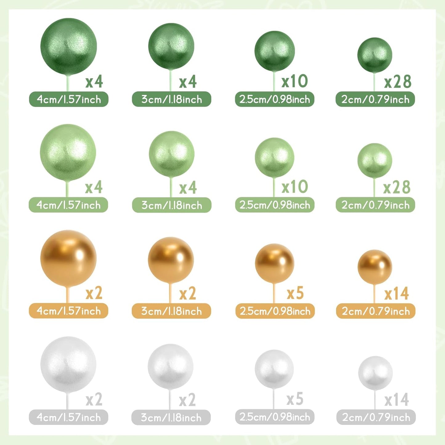 138 Pcs Balls Cake Topper Decorations Balloon Cupcake Toppers Foam Multisize Cake Topper Balls for Birthday Party Wedding Anniversary(Assorted Green,White,Gold)