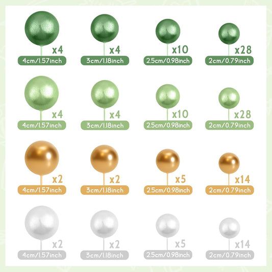 138 Pcs Balls Cake Topper Decorations Balloon Cupcake Toppers Foam Multisize Cake Topper Balls for Birthday Party Wedding Anniversary(Assorted Green,White,Gold)