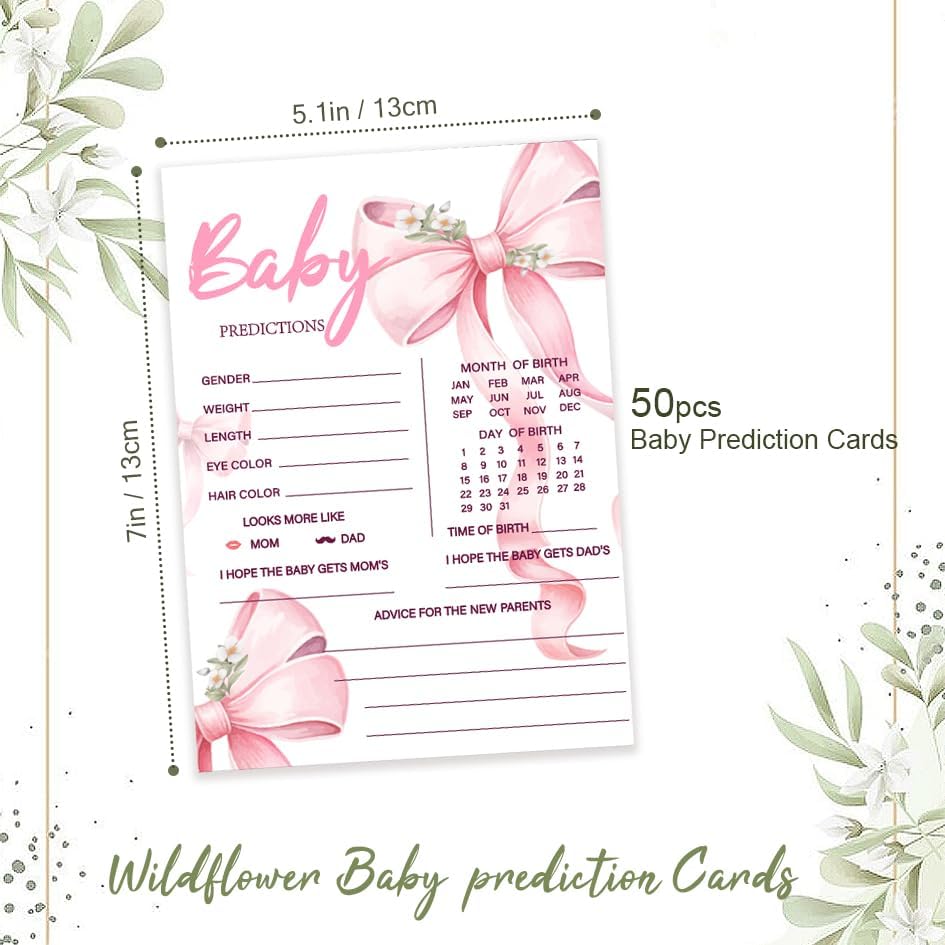 50Pcs Baby Prediction Cards for Baby Shower Games, Fall Pink Bow Wish and Advice Cards with Box for Baby Shower Decorations, Gender Reveal Boy or Girl Decor （Bow) (Pink Prediction)