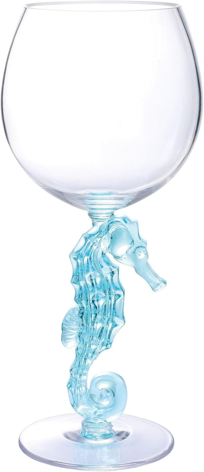 Supreme Housewares Seahorse Stem Wine Glasses, Blue Seahorse-Shaped Reusable Shatterproof Acrylic Glass for Red or White Wine, Poolside, Outdoors, Parties, 18 oz, Set of 2