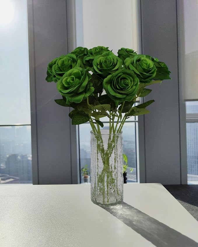 Artificial Green Roses Flowers, 12 Pcs Fake Rose in Bulk, Long Stem Realistic Silk Roses Bouquet for Spring Home Decor, St. Patrick's Day, Party Centerpieces, Flower Arrangement (Dark Green, 12-PCS)