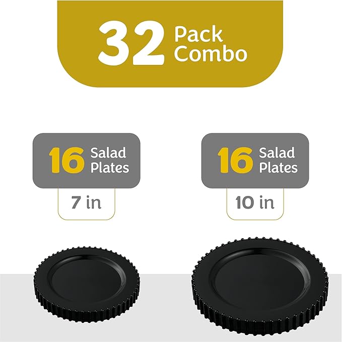 PLASTICPRO 32 Piece Combo Plastic Dinner Plates Disposable Plastic Fancy Heavy Duty Party Dishes 7 inch and 10 inch, Black Beaded