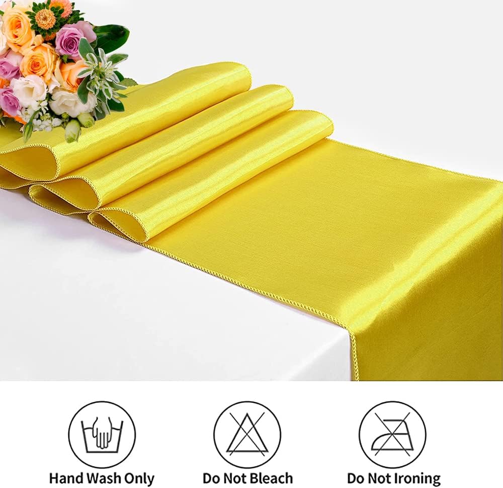 12 Pack Satin Table Runner 12 x 108 Inch Long Satin Table Runners for Wedding Banquet Graduations Birthday Party Decoration (Yellow)