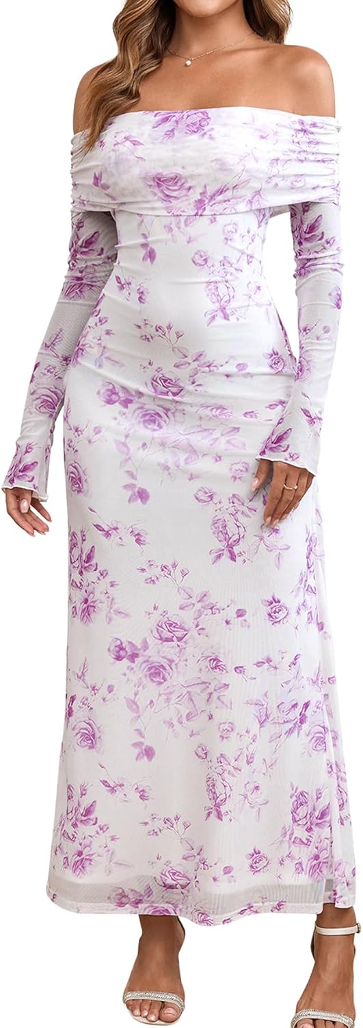 KUTUMAI Women Off Shoulder Bodycon Maxi Dress Long Sleeve Mesh Ruched Party Formal Wedding Guest Dresses