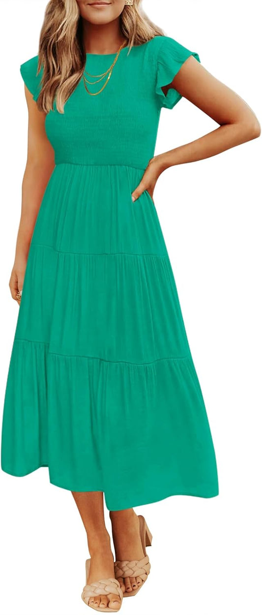 ZESICA Women's 2025 Summer Casual Flutter Short Sleeve Crew Neck Smocked Elastic Waist Tiered Midi Dress