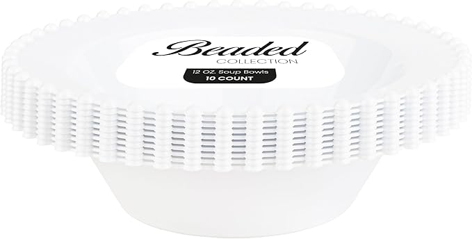PLASTICPRO 32 Piece Plastic Dinner Plates Bowls Disposable Plastic Fancy Heavy Duty Party Dishes 12 oz White Bead Bowls