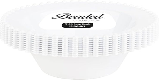 PLASTICPRO 32 Piece Plastic Dinner Plates Bowls Disposable Plastic Fancy Heavy Duty Party Dishes 12 oz White Bead Bowls
