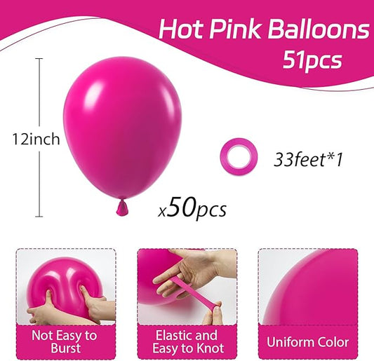 Hot Pink Balloons 12 inch, Hot Pink Latex Balloons 50pcs Party Balloons for Wedding Engagement Bridal Bachelorette Tropical Birthday Party Decorations