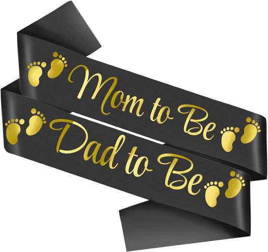 2pcs Mom to be and Dad to be Baby Shower Sash，Black Satin with Gold Letters Sash for New Mom Dad Baby Shower Party Gender Reveal Supplies Decorations