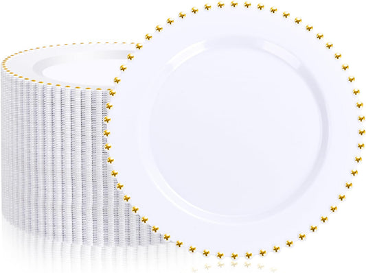 supernal 100 Pieces White and Gold Plastic Plates, 10 Inch Elegant Disposable Plates, Heavy Duty Plastic Dinner Plates for Christmas, Thanksgiving, Party, Wedding and Birthday