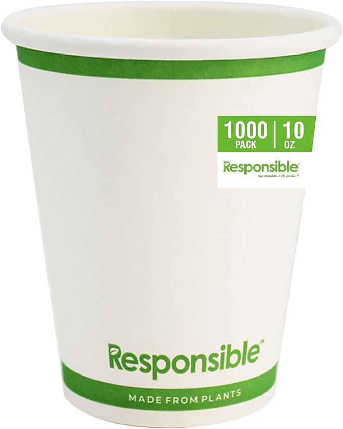 Responsible Products 10 oz Paper Hot Cups, Tree-Less™ Compostable Paper Coffee Cups, Extra Strength, Tree-Free and Made Without PFAS, White (1000 Count)