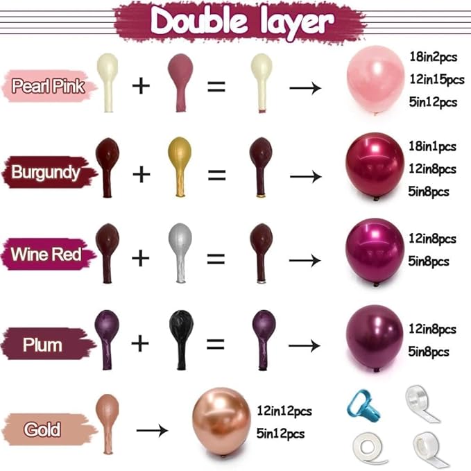 Burgundy Pink Balloon Arch Double Stuffed Dark Ruby Red Pink Plum Gold Balloon Garland Kit Maroon Balloons for Wedding Bridal Shower Birthday Mother's Day Graduation Engagement Anniversary Party Decor