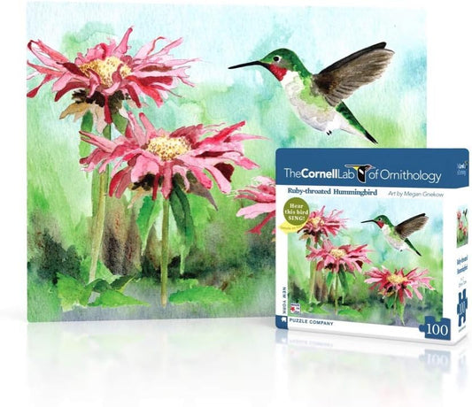 New York Puzzle Company - Cornell Lab Ruby-Throated Hummingbird Mini - 100 Piece Jigsaw Puzzle for Adults by Megan Gnekow