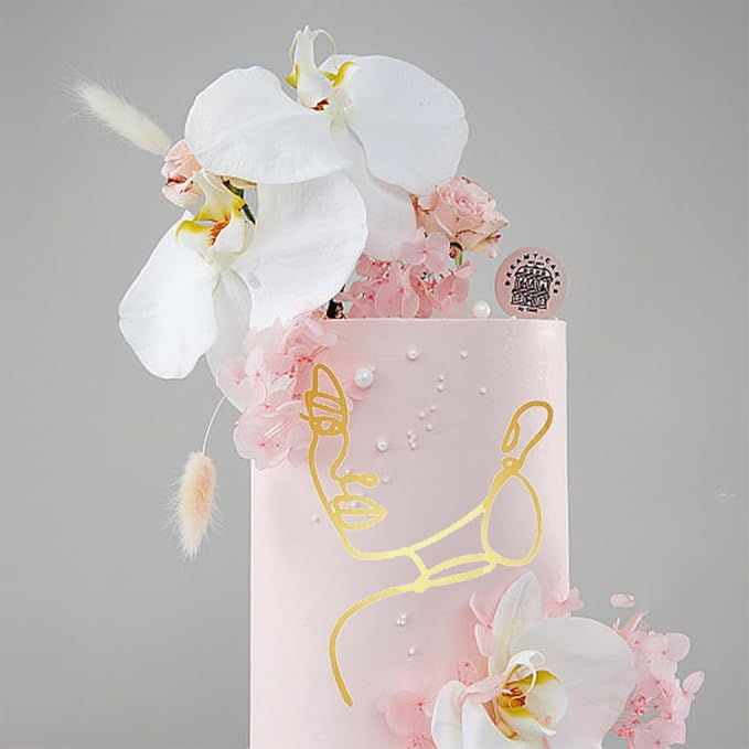 Personalized Lady Cake Topper Decorations Acrylic Minimalist Art Lady Gold Face Cake Topper Vintage Artificial Rose Flower Wedding Cake Toppers for Birthday Party Wedding Bridal Shower
