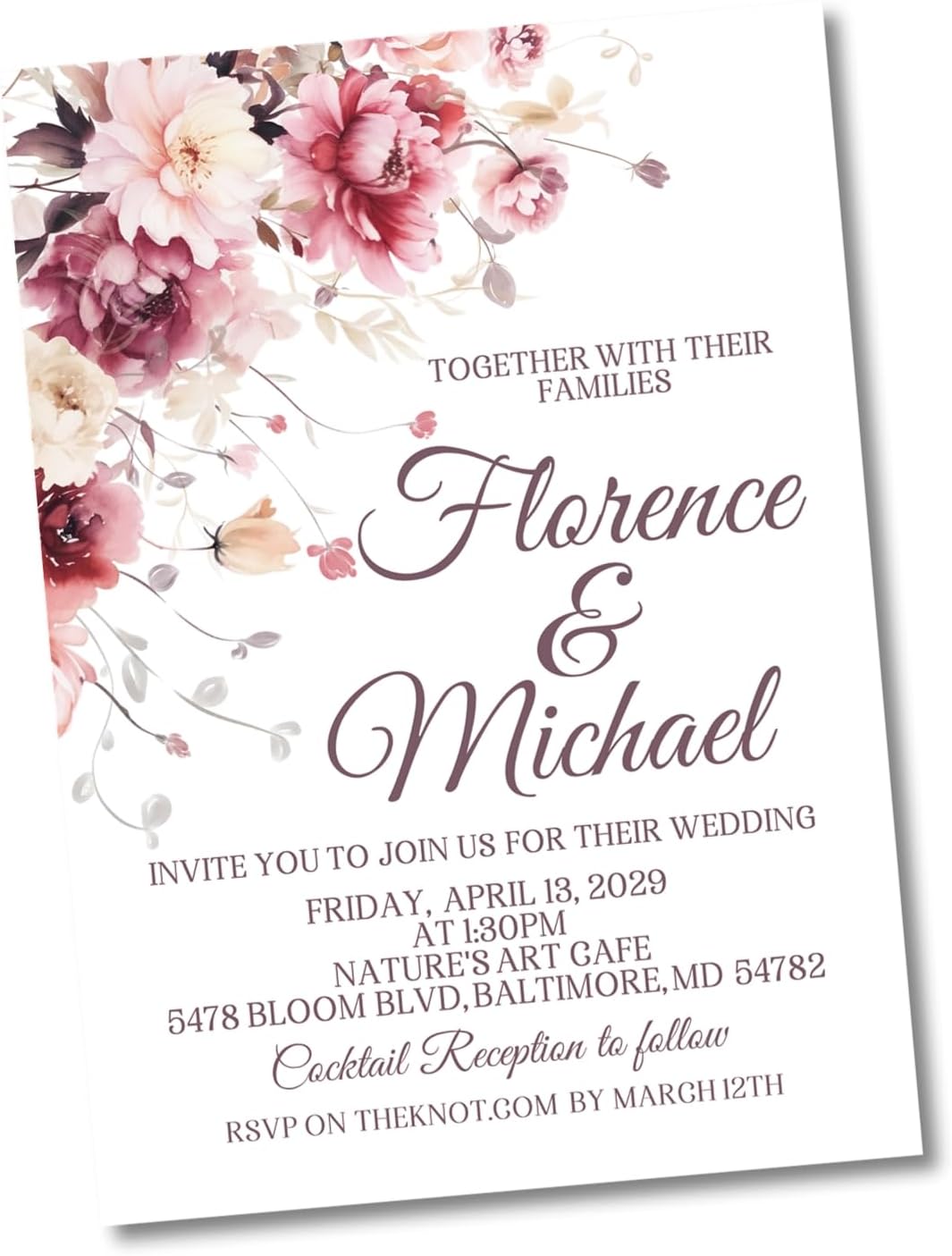 Burgundy & Pink Wildflower Wedding Invitations, Garden Floral, Personalized, Set of 12 Invitations with Envelopes