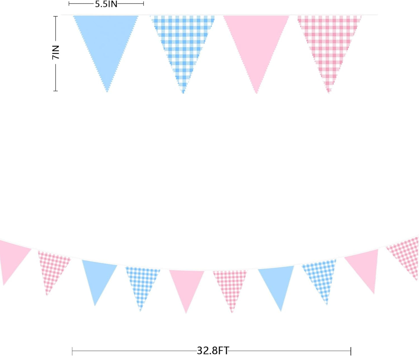 32Ft Pink Blue Gingham Party Decorations Blue Pink Gingham Fabric Triangle Banner Flag Plaid Pennant Garland Streamer for Gender Reveal Birthday Boy or Girl Baby Shower He or She Party Decor Supplies