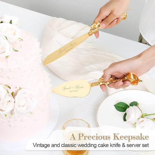 TUKDAK Cake Cutting Set for Wedding, Personalized Gold Cake Knife and Server Set, Custom Cake Serving Set, Engraved Pastry Pie Server Cake Pizza Cutter, Birthday Bridal Gift (CUS-Rustic)