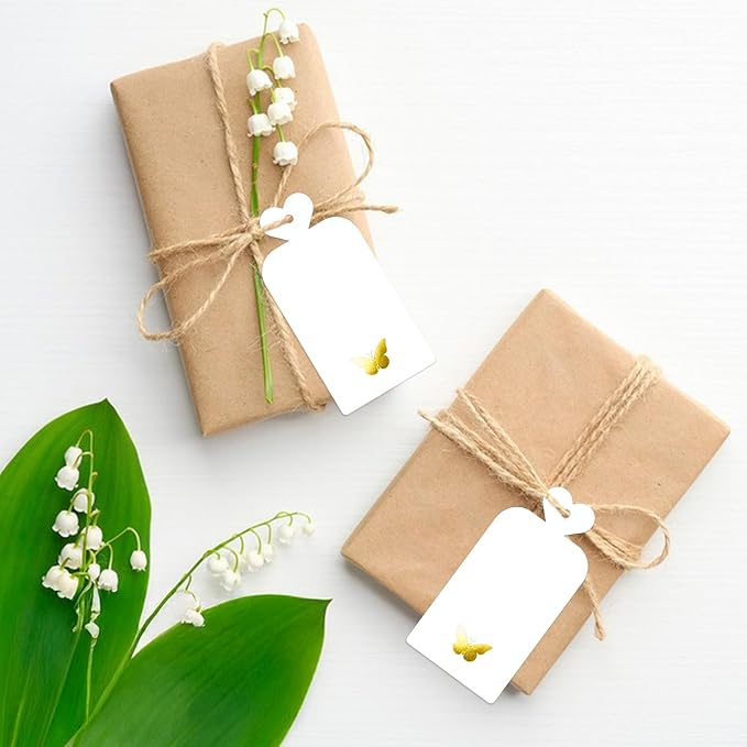 joycraft 100Pcs Gift Tags with String, 4x2 in Blank Tags with Gold Foil Butterfly, White Paper Labels for Birthday, Wedding, Baby Shower, Valentine’ s Day, Christmas
