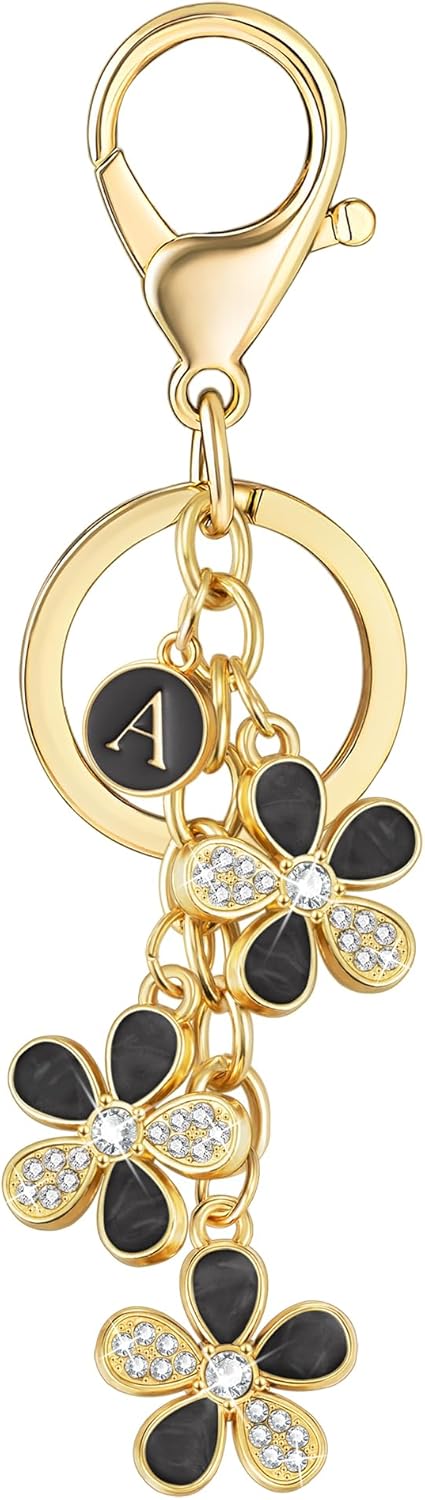 XGALBLA Cute Flower Crystals Rhinestone Initial Letter Keychain for Women, Bag Charms Bling Sparkly Enameled Keychain Handbag