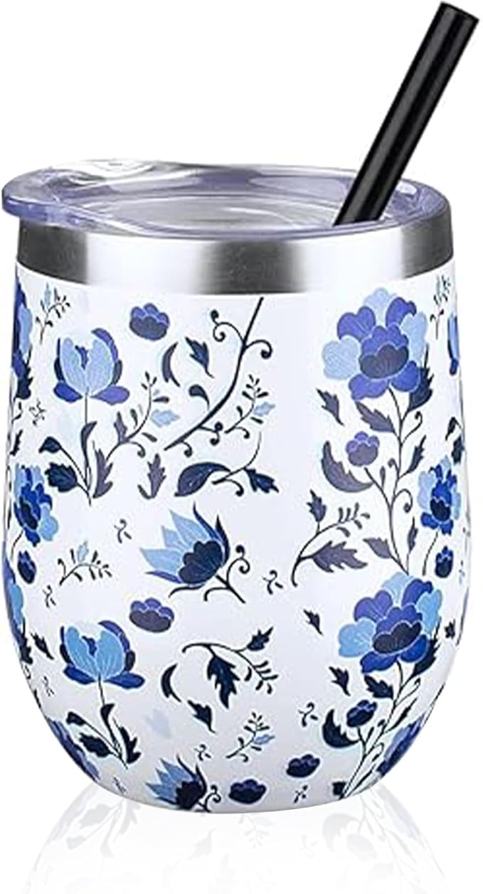 12 oz Insulated Wine Tumbler with Lid and Straw,Stainless Steel Stemless Wine Tumbler Glasses Double Wall Vacuum Wine Cups Tumbler Bulk for Coffee,Cocktail,Office（Blue and White Porcelain,1）