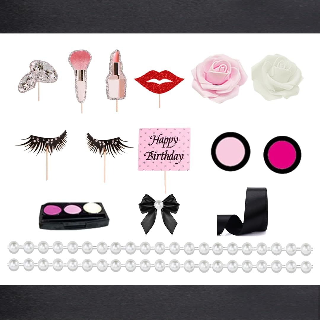 Makeup Cake Topper Flower Ribbon Gloden Ball Makeup Cake Decoration for Girls Women Birthday Party