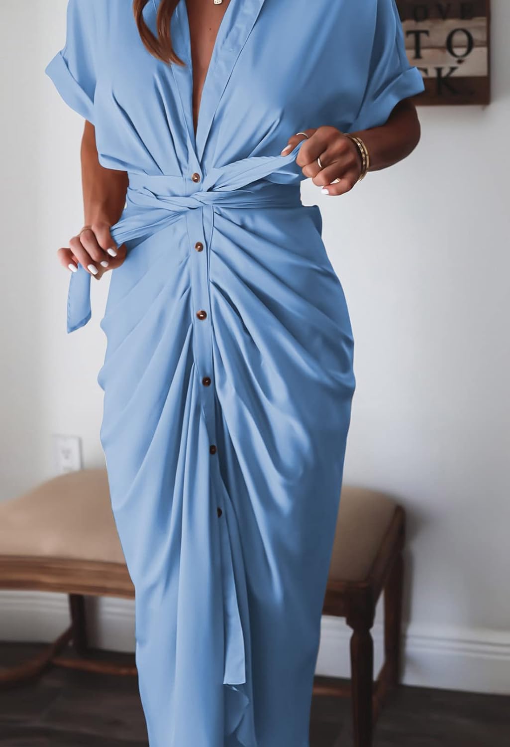 Women Elegant Satin Button Down Short Sleeve Maxi Shirt Dress with Belt