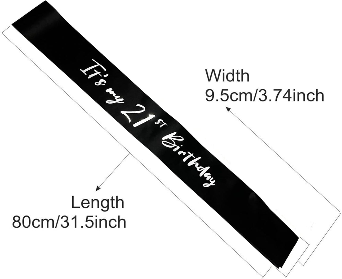 21st Birthday Sash, Black Satin Soft Sashes with Silver Foil Letter, Birthday Decorations for Girls or Boys, Happy 21st Birthday Party Favor Supplies,Black Silver