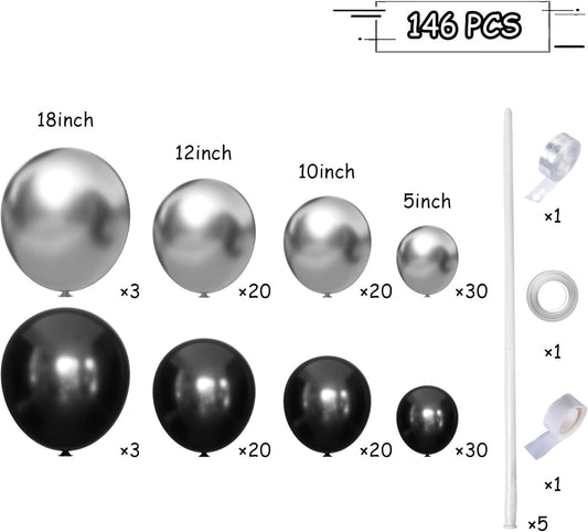 Black Silver Balloons Garland Arch Kit, 146Pcs Latex Balloons Different Sizes 18 12 10 5 Inch for Party Decorations, Wedding Backdrop, Birthday, Graduation